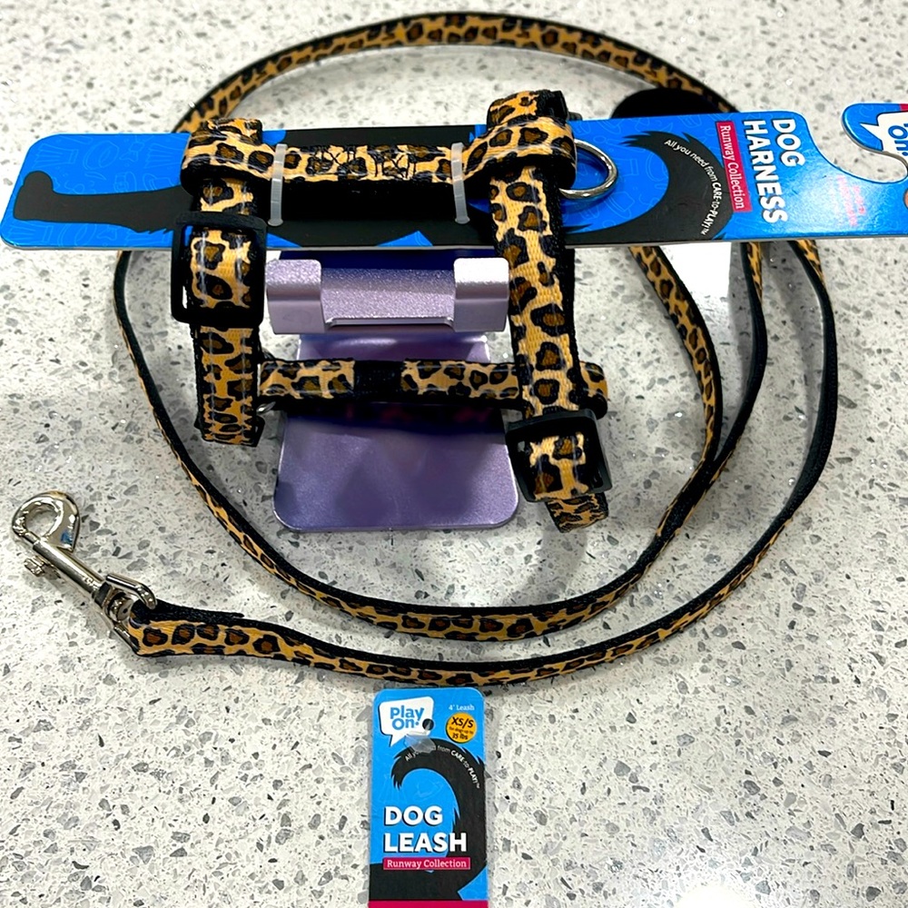 PLAY ON LEOPARD DOG HARNESS AND LEASH SET XS 10-18 INCH CHEST 4 FOOT 35 POUNDS